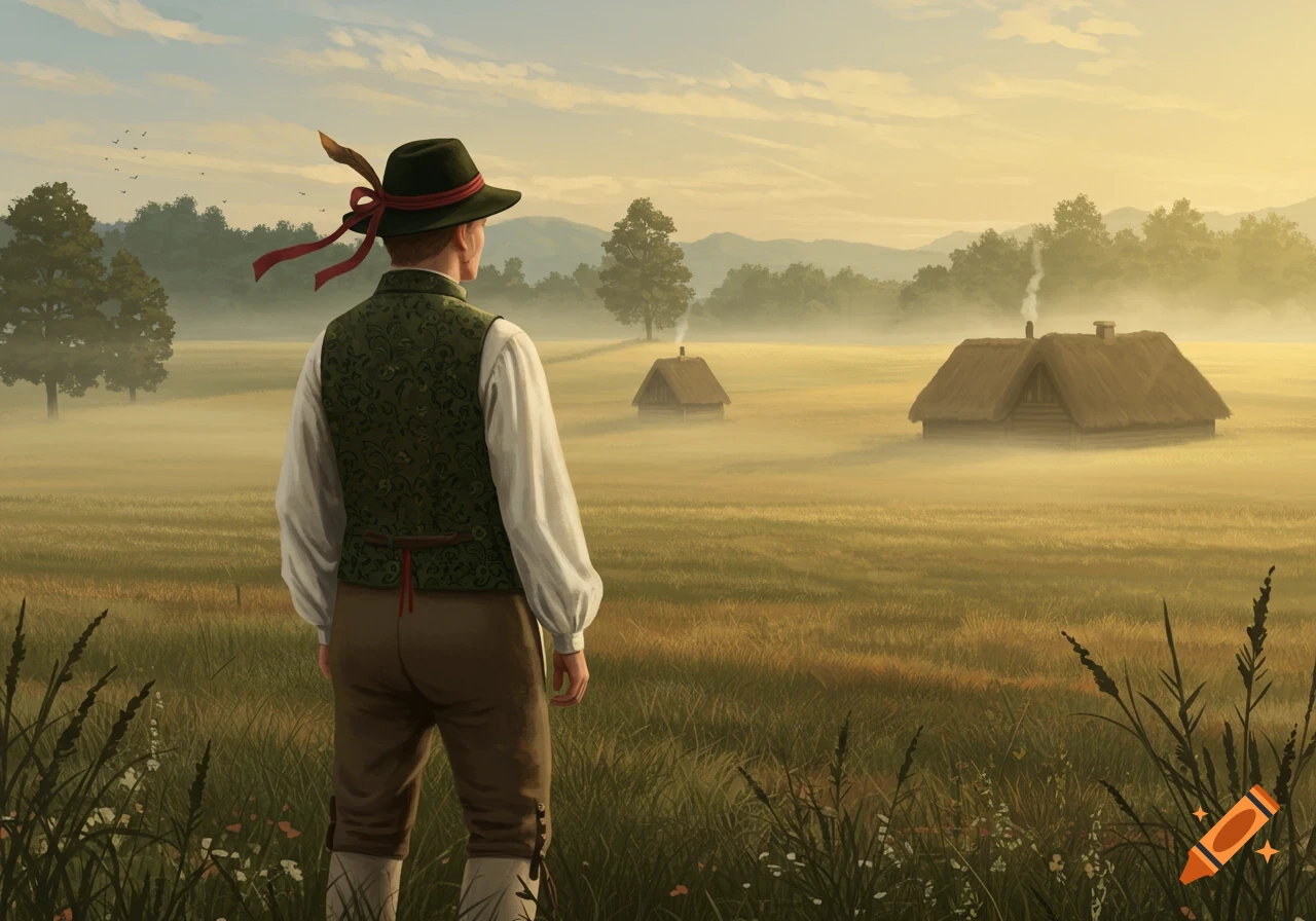 Man in traditional folk attire stands in a misty, golden field, looking at thatched-roof houses and trees, digital painting.