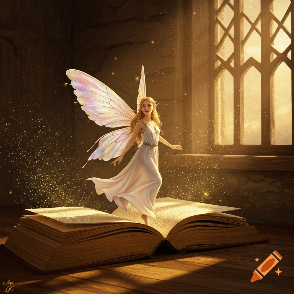 A beautiful fairy with large iridescent wings, long blonde hair, and a white dress, gracefully stands on an open, old book. Golden sparkling dust rises from the book, against a background of a large window with golden light streaming in.