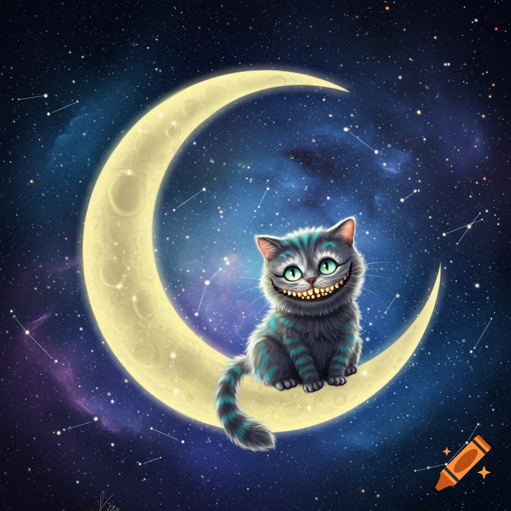 A striped cat with a wide grin, like the Cheshire Cat, sits on a bright crescent moon in a starry night sky illustration.