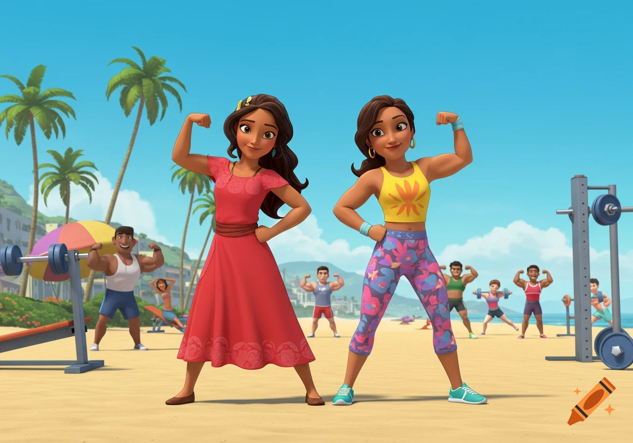 Animated Elena of Avalor and her mom flex muscles on a sandy Muscle Beach, with other people exercising.