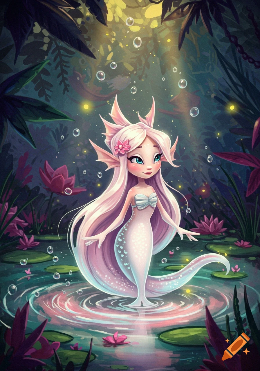 A cute, pink-haired cartoon mermaid in a shell top stands in a shallow, glowing pond with water lilies. Fantasy illustration.