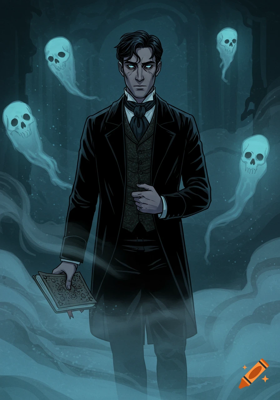 A stern man in a black coat with glowing eyes holds a book, surrounded by blue skull-ghosts and mist in a dark, stylized illustration.