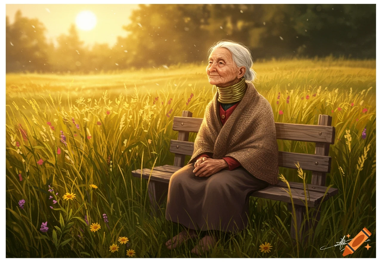 An old woman with neck rings sits on a bench in a sunlit golden field filled with wildflowers.