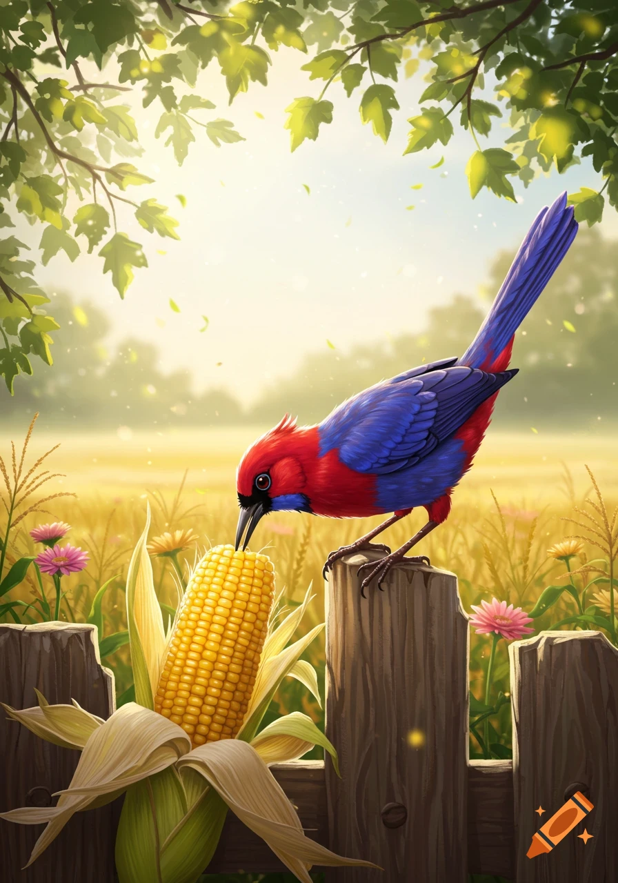 Vibrant red and blue bird pecking corn on a fence post in a sunny field, digital illustration.