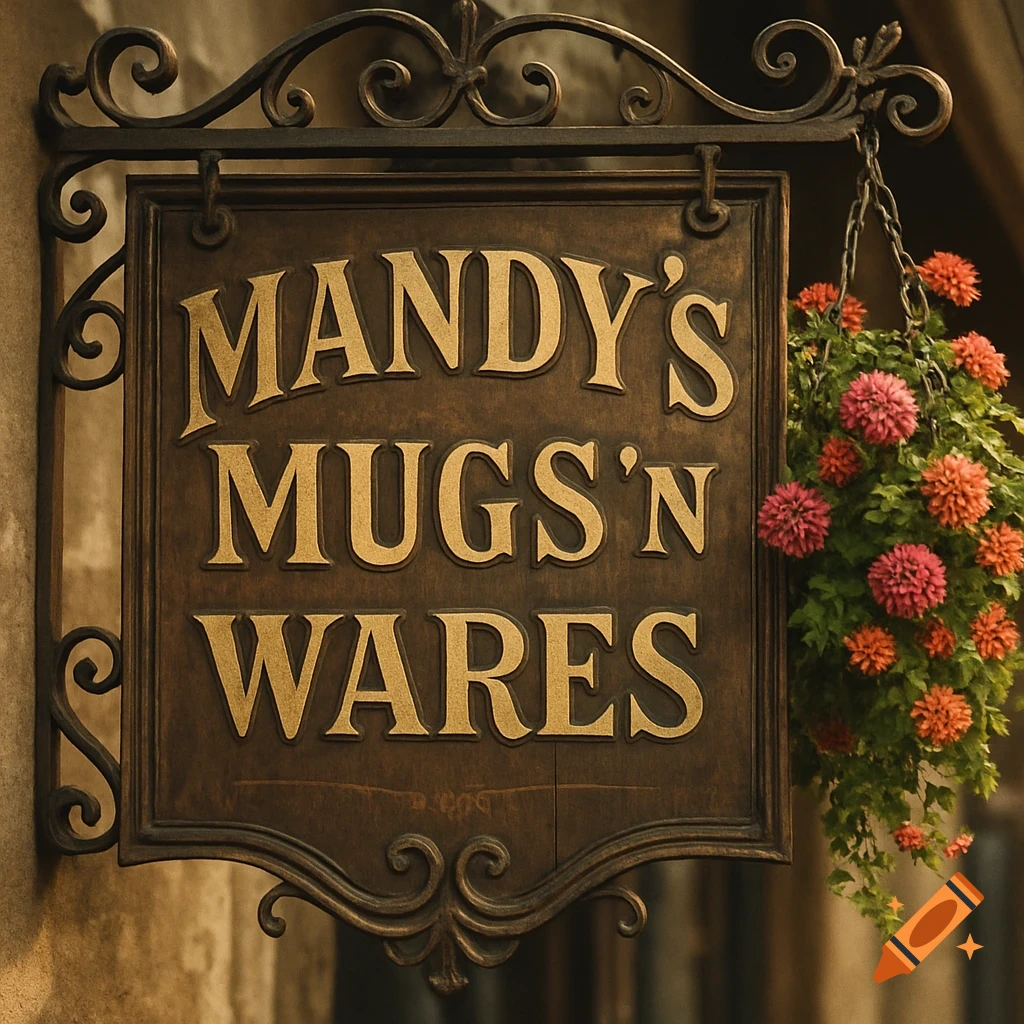 An old-timey storefront sign reading 'MANDY'S MUGS'N WARES' with ornate ironwork and a hanging basket of pink and orange flowers.