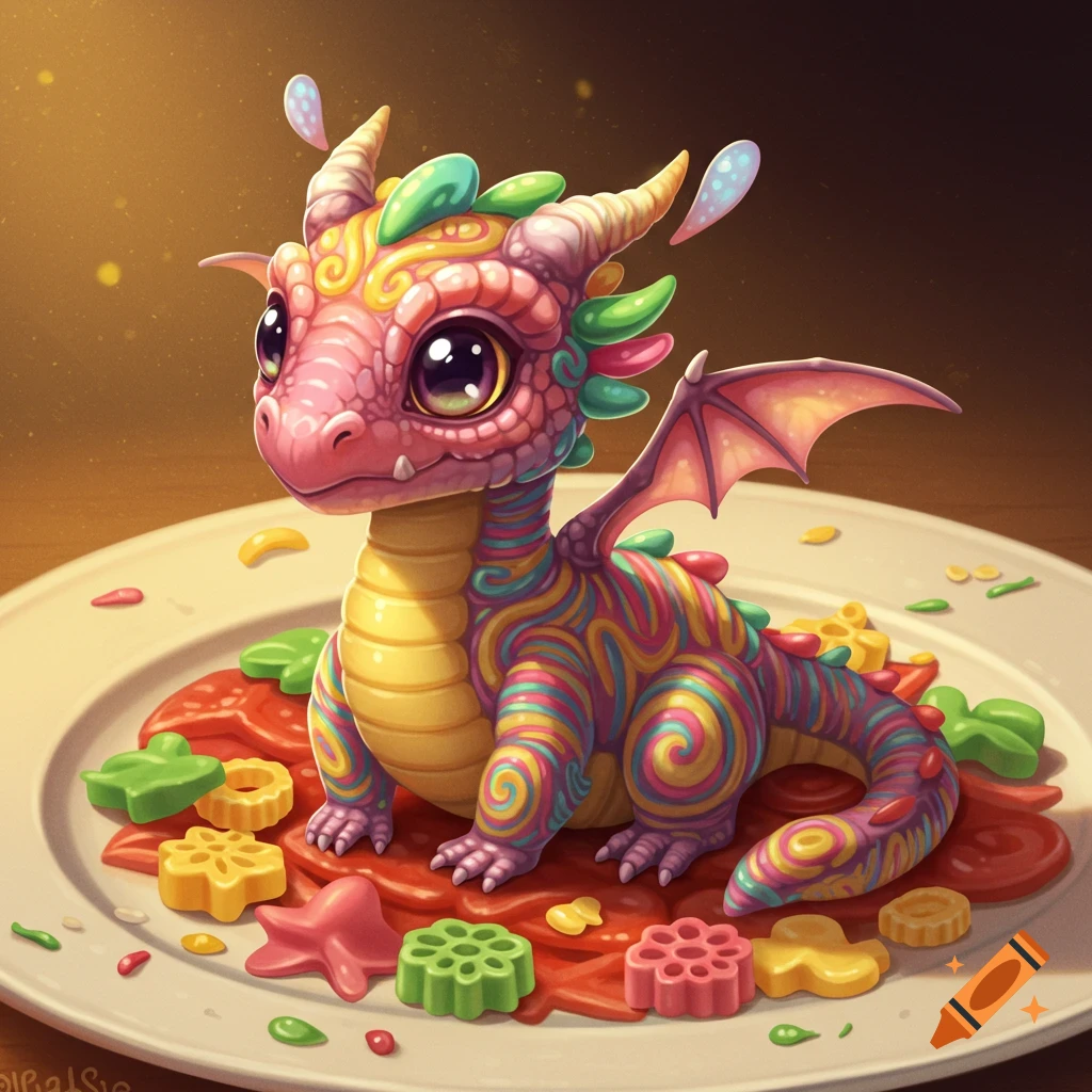 A vibrant, cartoonish pink and yellow dragon with colorful swirls sits on a white plate filled with red sauce and various brightly colored candies.
