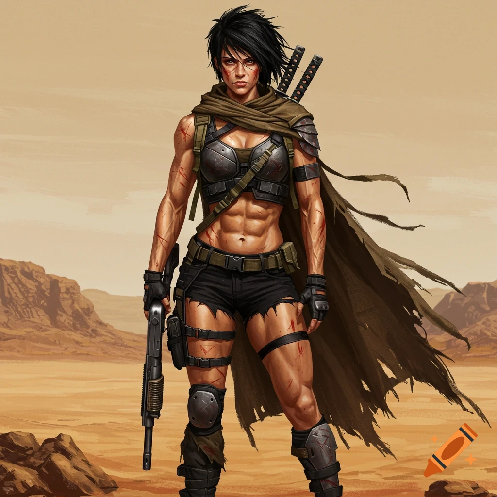 A muscular woman with short black hair and battle-damaged tactical gear stands in a desert, holding a shotgun and katana.