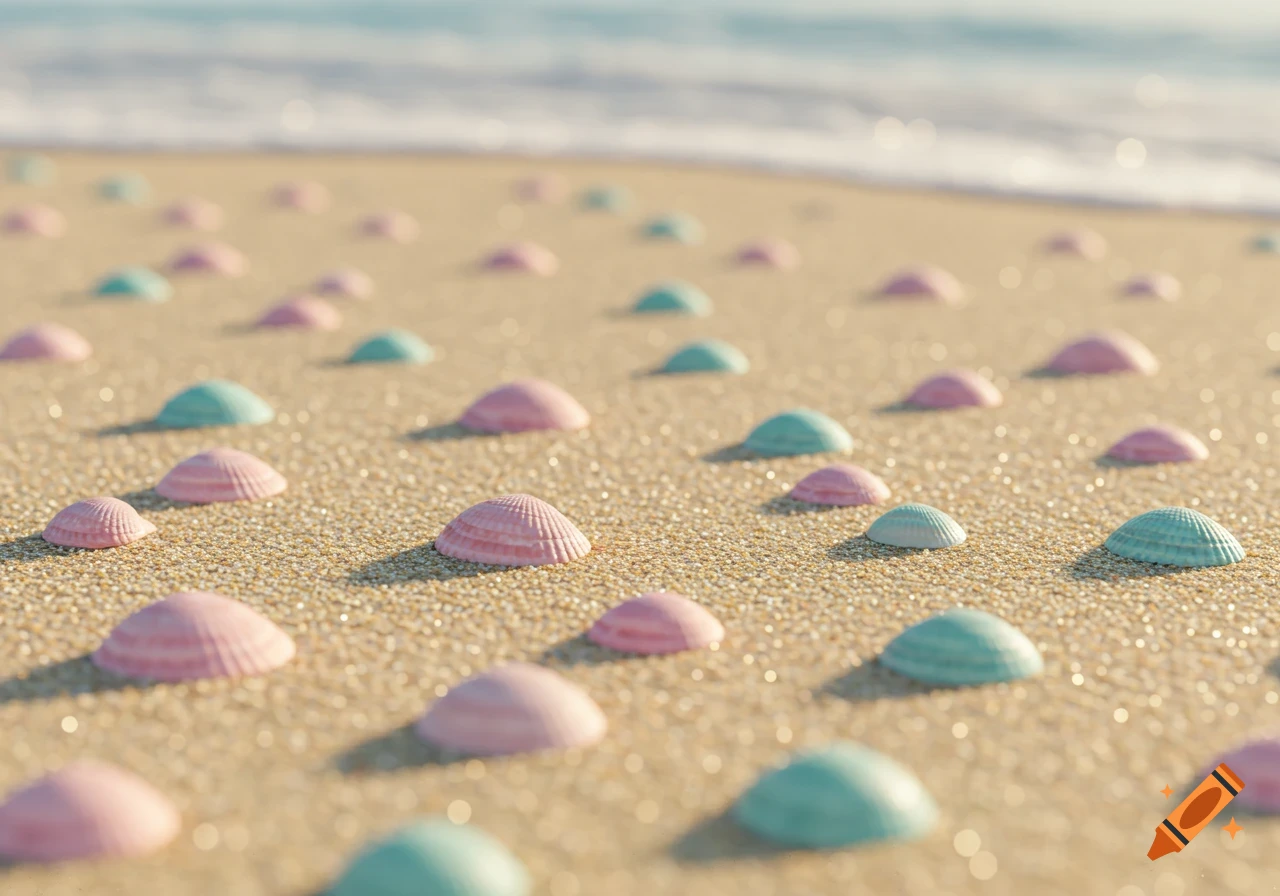 Close-up of pink and teal seashells scattered on a sandy beach with the ocean in the background.