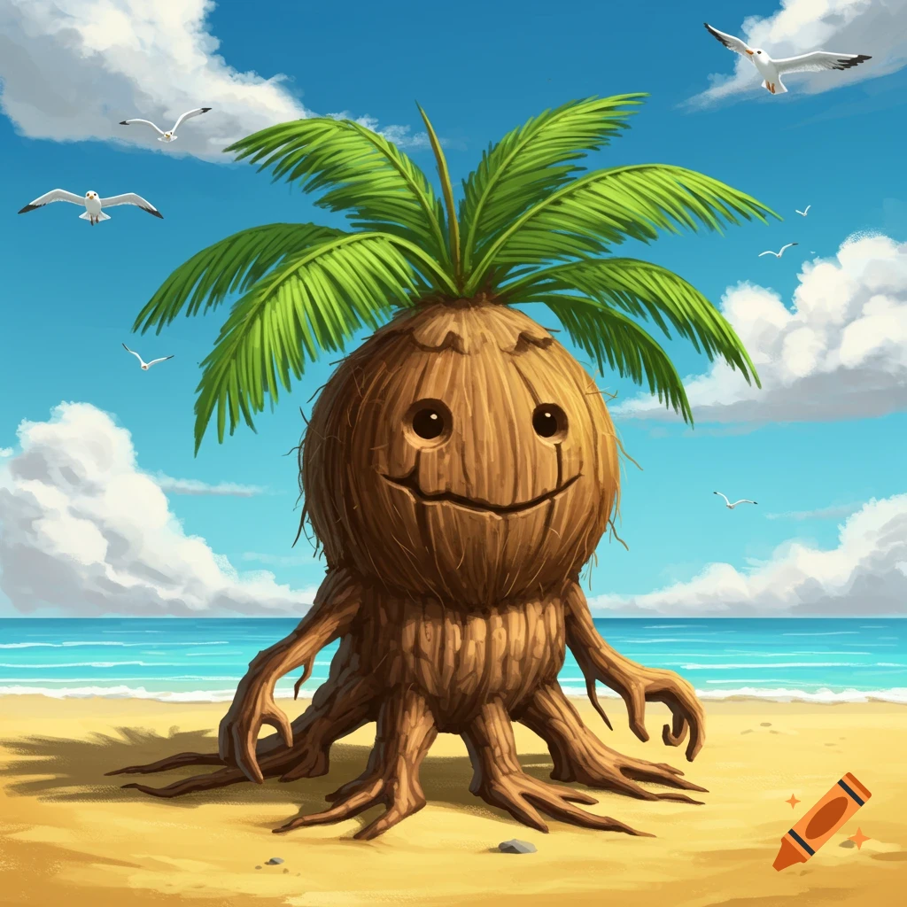 A smiling, cartoon-like coconut creature with palm fronds for hair and root-like limbs stands on a sunny beach near the ocean.