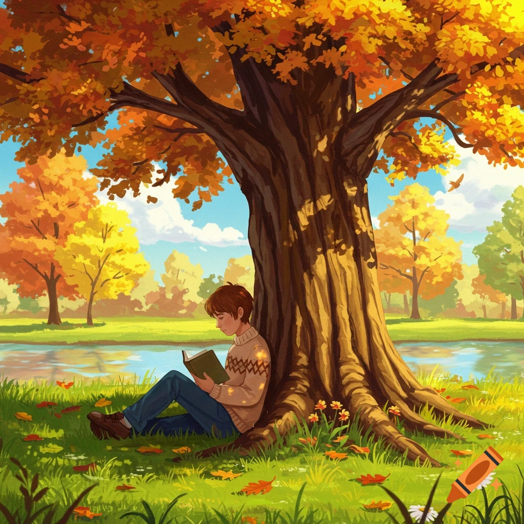 A student reads a book under a large autumn tree by a pond, surrounded by fall leaves in an illustrative style.