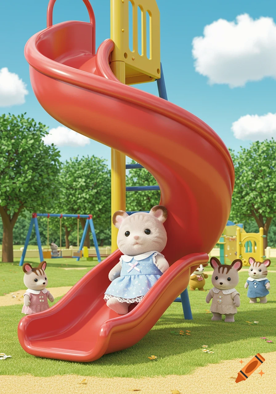A group of Sylvanian Family-style animal dolls playing on a red slide and grass in a sunny park.