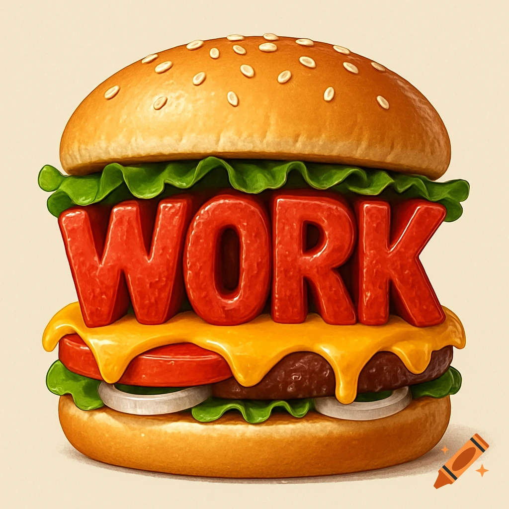 A detailed illustration of a hamburger with the word 'WORK' in red as the patty, nestled between lettuce and melted cheese, tomatoes, and onions on a sesame seed bun.