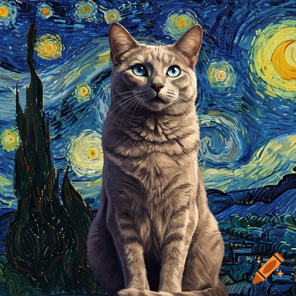 A realistic tabby cat with blue eyes sits against a vibrant, swirling background in Van Gogh's Starry Night style.