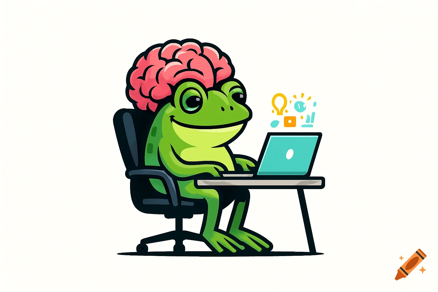 A cartoon frog with a large pink brain sits at a desk with a laptop, looking thoughtful.
