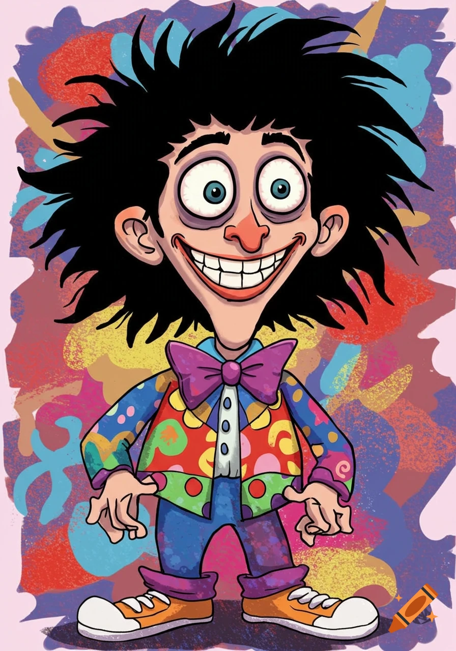 A cartoon character with wild black hair, huge eyes, a wide grin, and a colorful patterned suit with a purple bow tie against an abstract graffiti-like background.