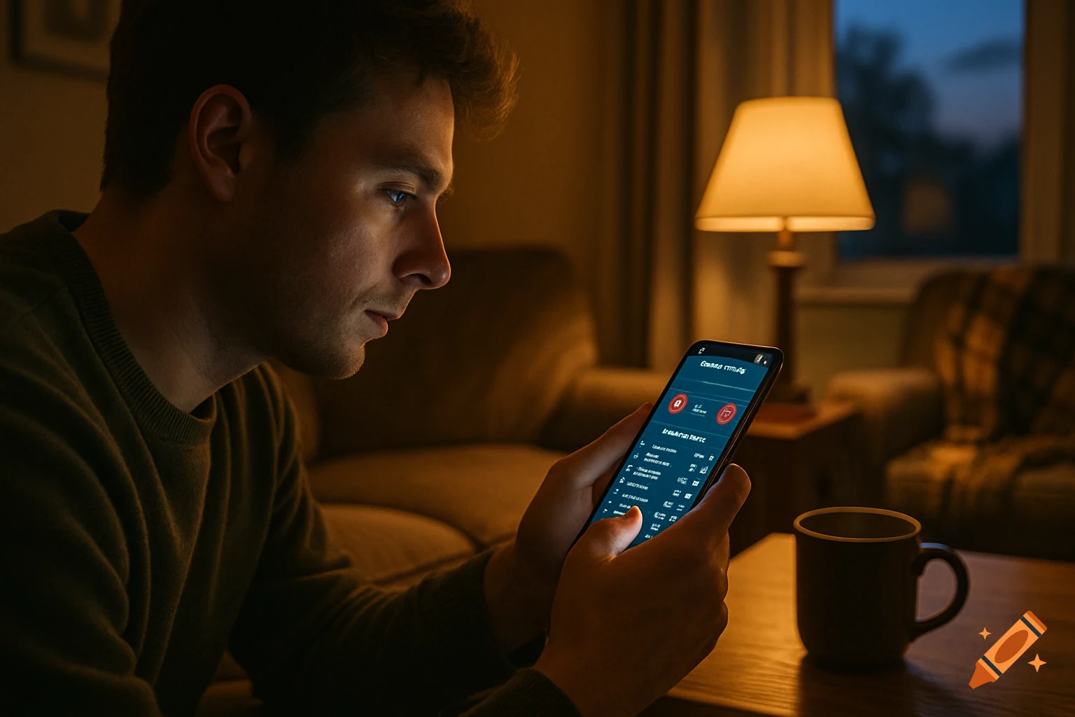 A focused man in a cozy, dimly lit room looks at his smartphone screen, which glows with information. Photorealistic style.