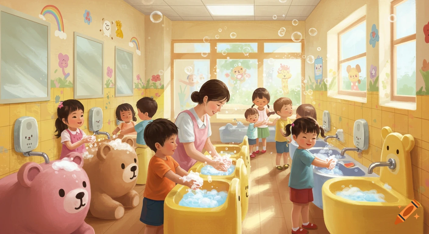 A colorful illustration of a teacher and several happy children washing their hands in a bright kindergarten bathroom with bear-shaped sinks and bubbles.