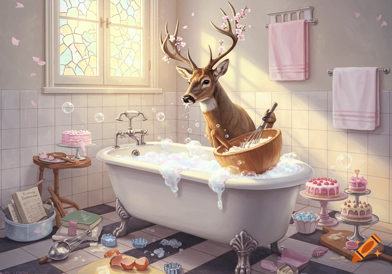 A whimsical deer with cherry blossoms on its antlers stands in a bubbly bathtub, holding a whisk and baking a cake. Cakes and baking ingredients surround it in a sunlit bathroom.