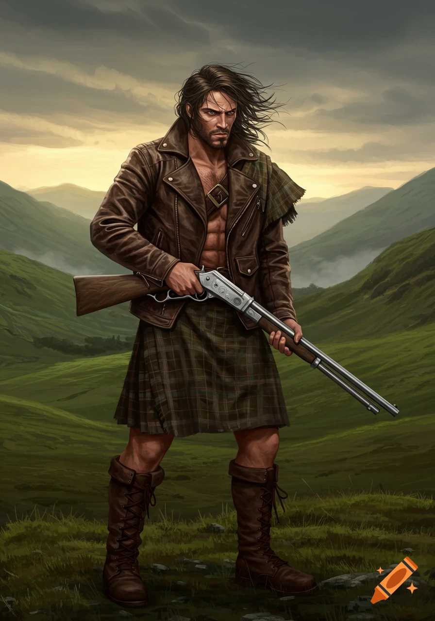 An illustrated Scottish Highlander warrior in a brown leather jacket and kilt, holding a rifle in a mountainous landscape.