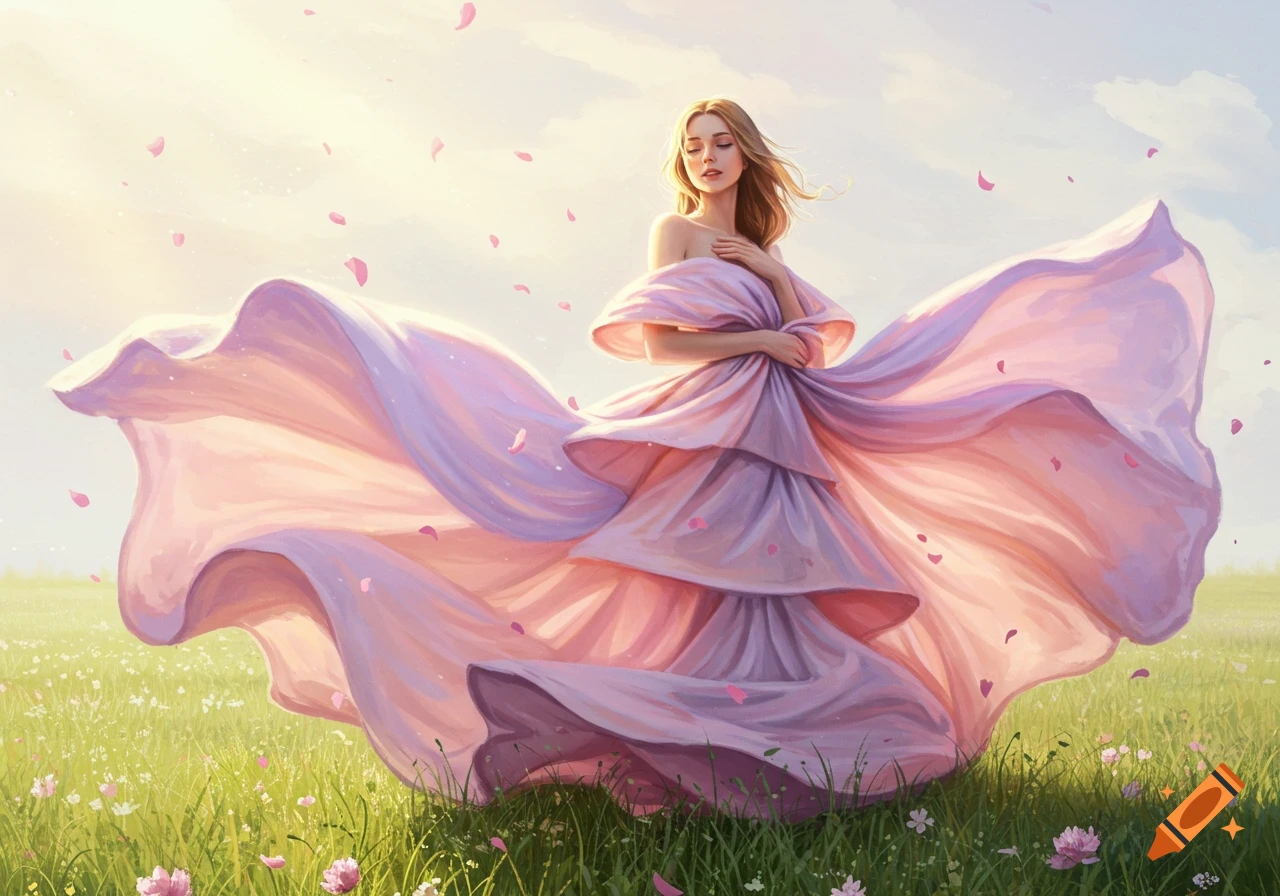 An illustration of a woman in a voluminous pink and purple dress standing in a sunny field with falling petals.
