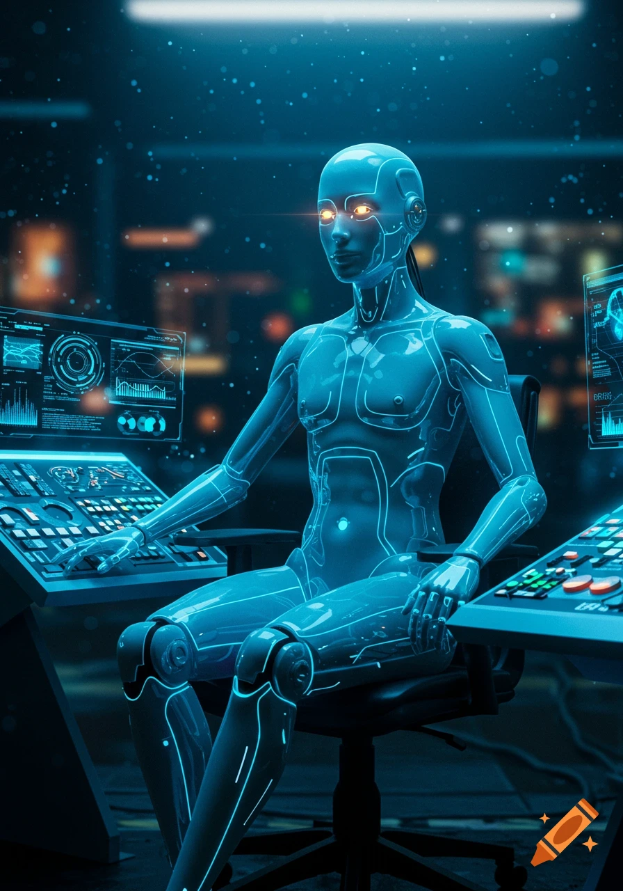 A glowing blue translucent humanoid robot with bright orange eyes sits at a high-tech control panel surrounded by futuristic screens and data displays.