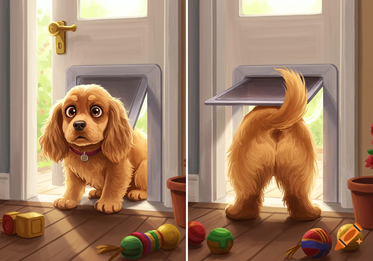 A split cartoon illustration shows a cute golden cocker spaniel puppy stuck in a dog flap, front view on left, rear view on right.