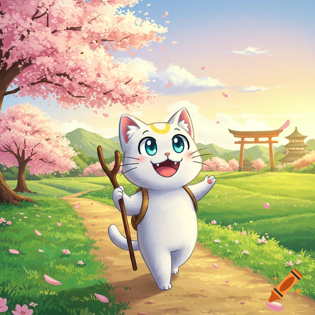 A cheerful white anime cat with a crescent moon, backpack, and stick walks on a path through a vibrant Japanese cherry blossom landscape.