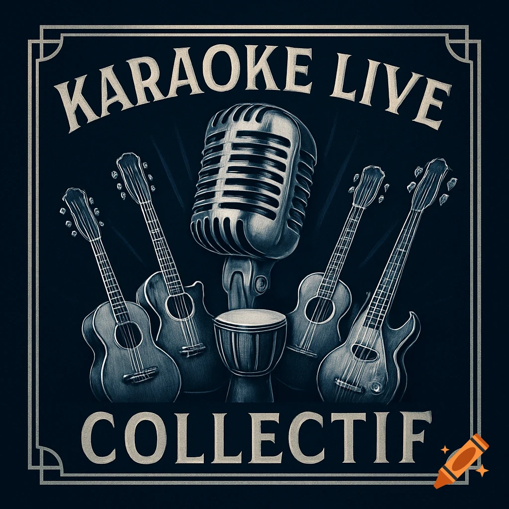 Vintage art deco style logo with a central microphone, surrounded by guitars, a djembe, ukulele, and bass. Text reads "KARAOKE LIVE" at the top and "COLLECTIF" at the bottom, in blue and silver tones.