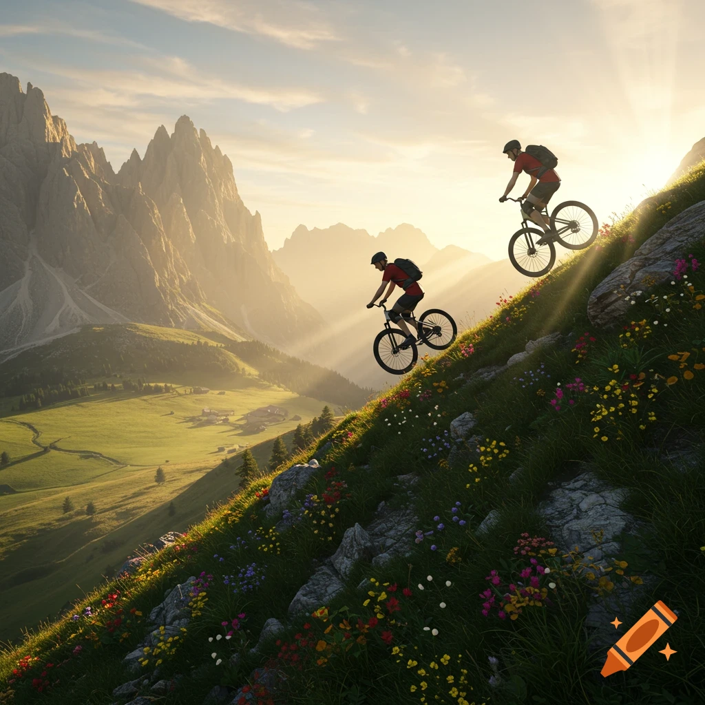 Two mountain bikers descend a steep, flower-covered grassy slope with majestic rocky mountains in the background under a warm, radiant sunset.
