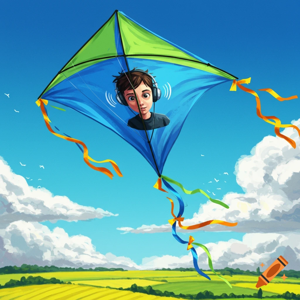 An illustration of a blue and green kite with a cartoon boy's head wearing headphones, flying in a bright blue sky over a yellow field.