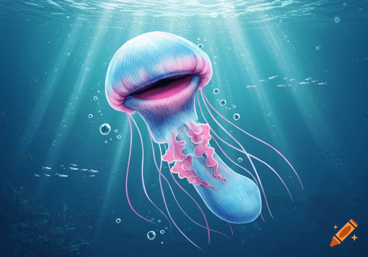 A blue and pink knitted jellyfish-like creature floats in a vibrant underwater scene with sunlight and small fish.