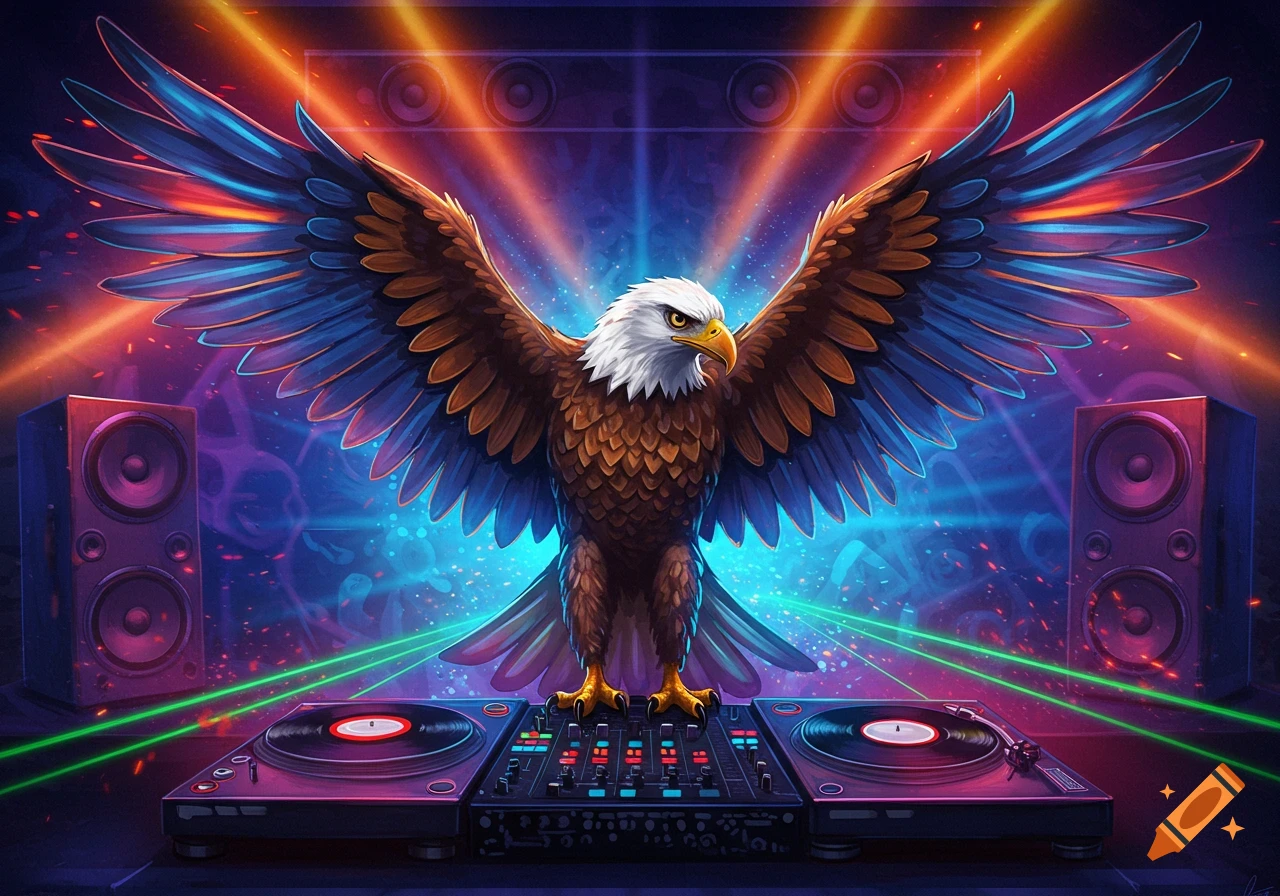 Stylized eagle DJ with outstretched wings behind turntables and mixer on a vibrant stage with neon lights and lasers.