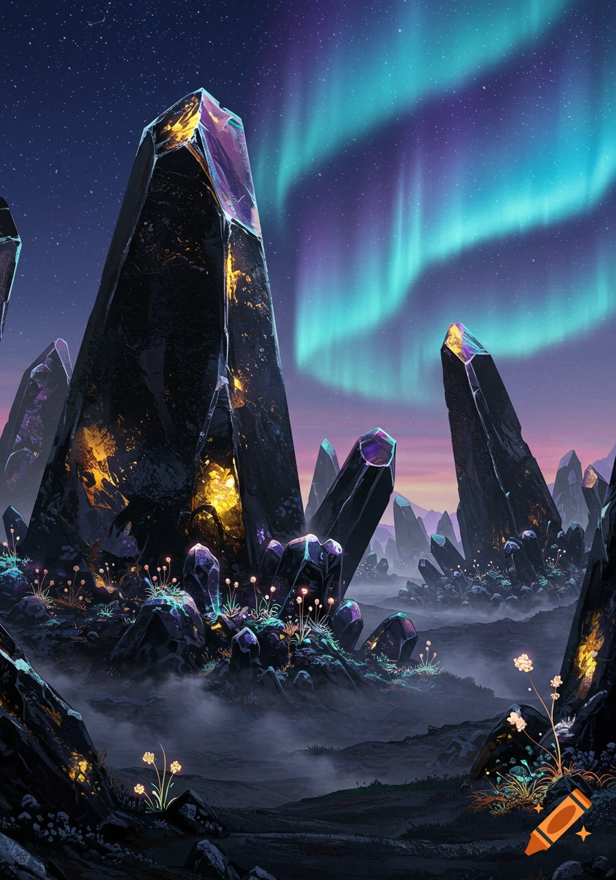 A fantasy landscape of towering, glowing dark crystals under a vibrant green and purple aurora borealis in a starry night sky.