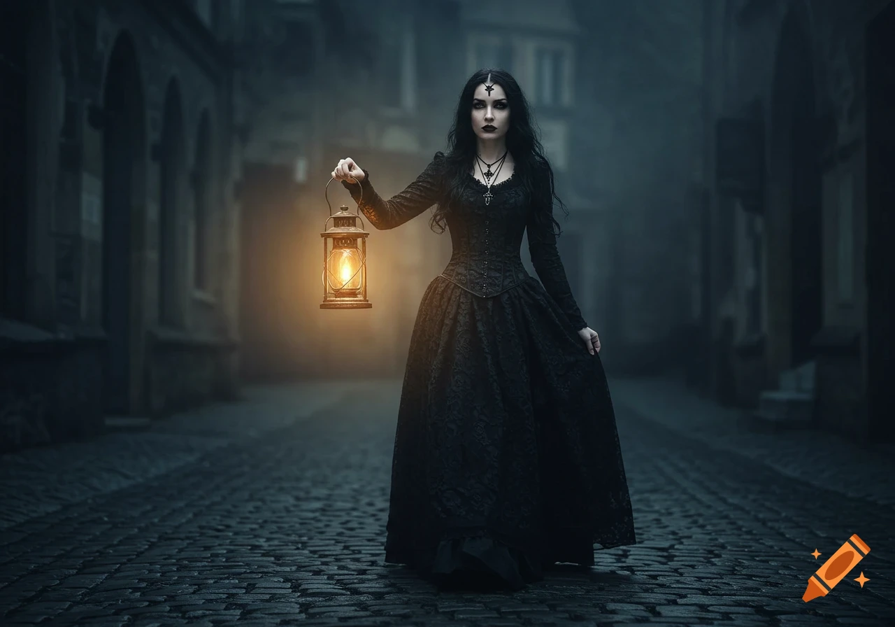 A gothic woman in a black dress walks down a misty cobblestone street at night, holding a glowing lantern.