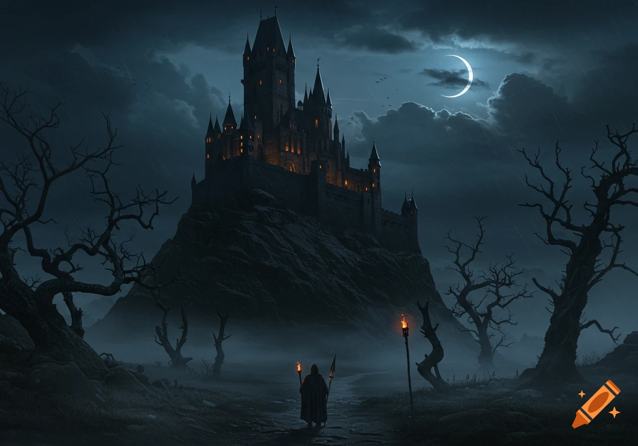 A lone cloaked figure with a torch approaches a dark, gothic castle on a rocky hill under a crescent moon and stormy sky.