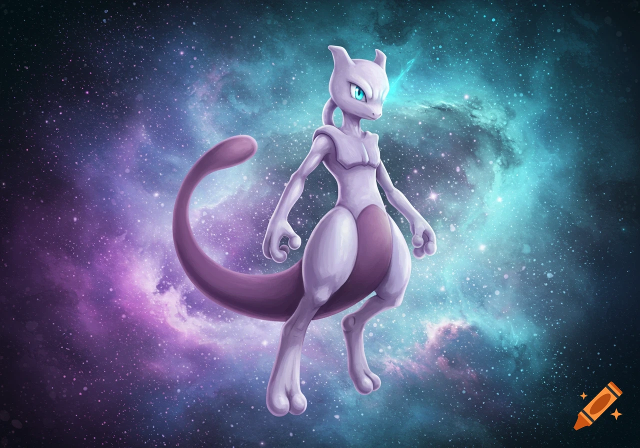 Mewtwo, a purple and white Pokémon, floats in a swirling purple and blue galaxy full of stars.