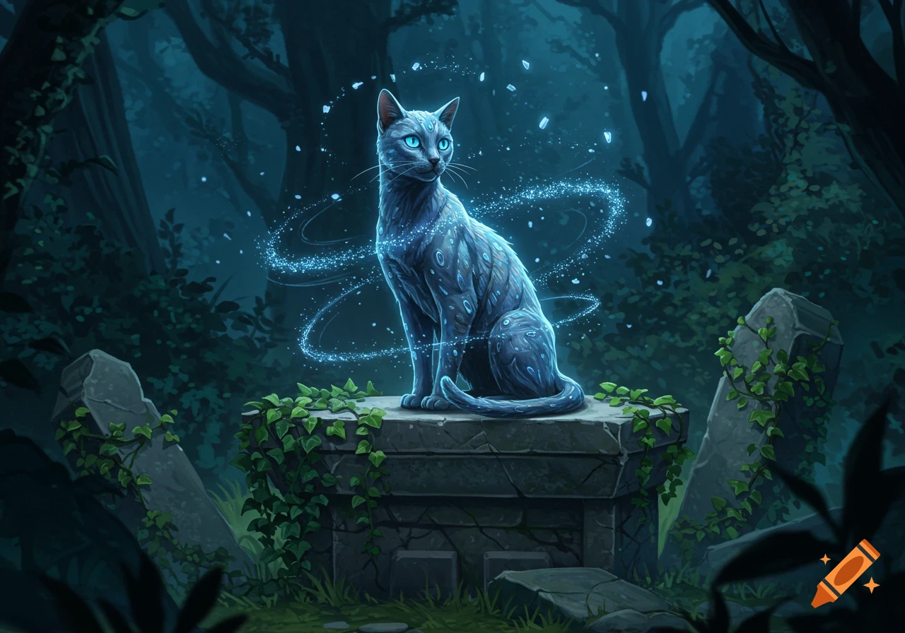A blue-gray cat with glowing eyes sits on an ivy-covered stone pedestal in a dark forest, surrounded by swirling blue magical energy.