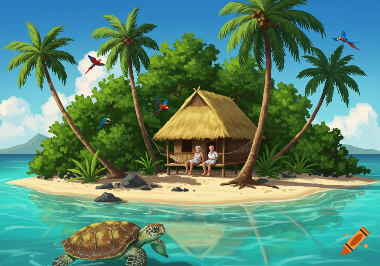 An illustration of a tropical island with a thatched hut, an elderly couple, palm trees, parrots, and a sea turtle in turquoise water.