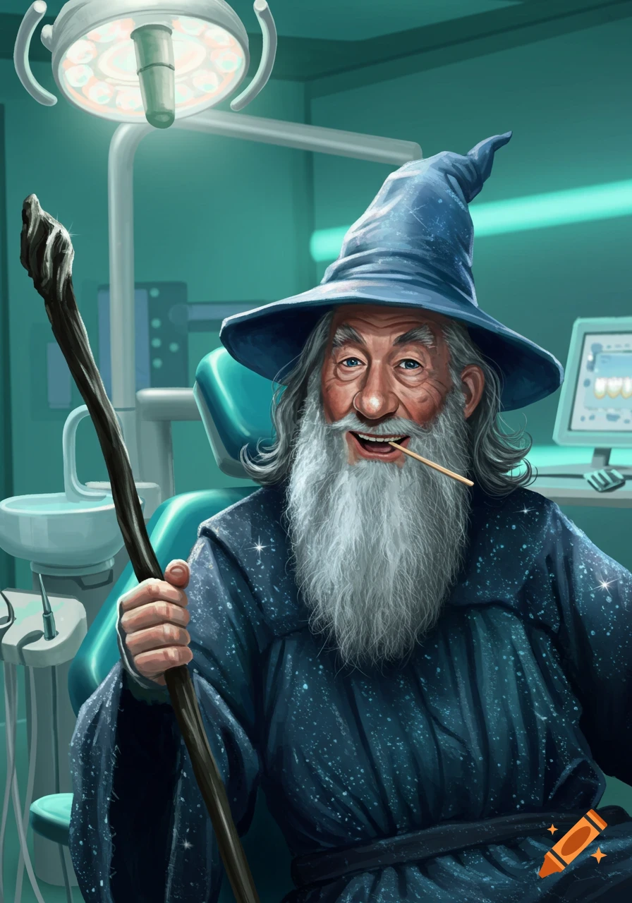 Illustrated Gandalf at a dentist appointment, holding his staff and a toothpick-like stick in his mouth, smiling.