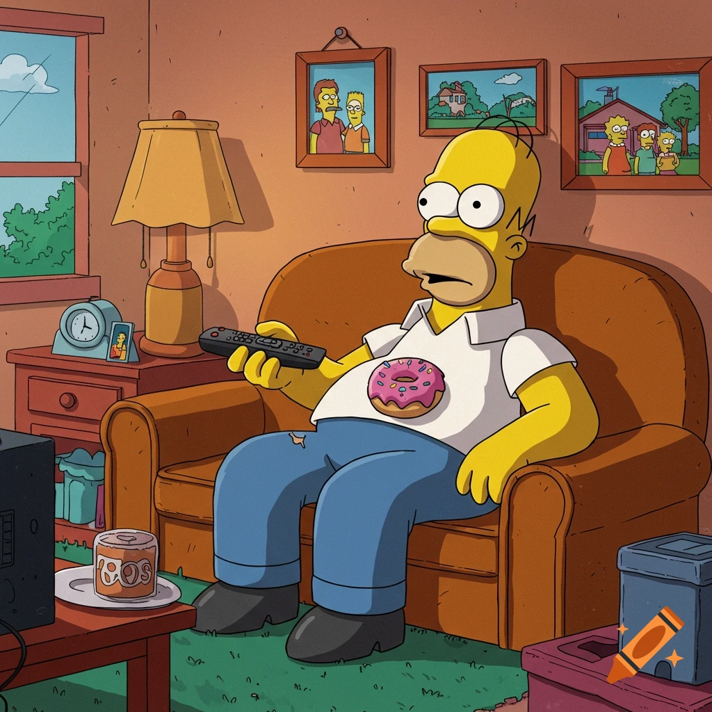 Homer Simpson sits on a brown couch holding a TV remote, wearing a white shirt with a donut graphic, in a cartoon living room.