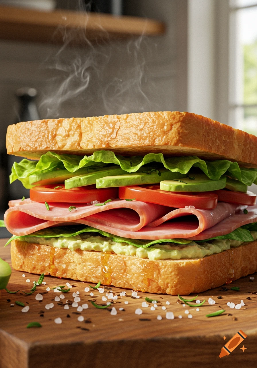 Photorealistic close-up of a steaming ham sandwich with lettuce, tomato, avocado, and a creamy spread on a wooden board.