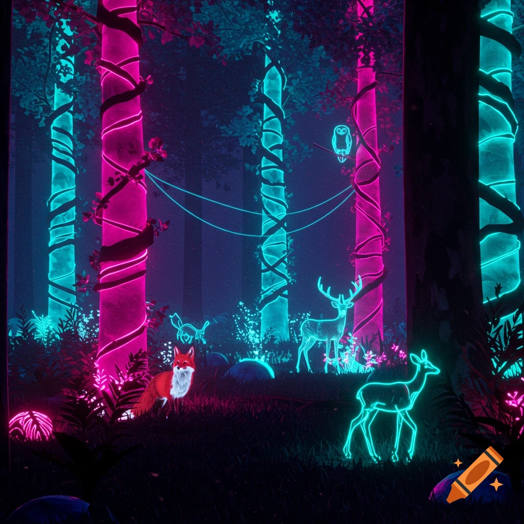 Vibrant digital art of a neon-lit forest at night with trees glowing pink and turquoise, and outlined animals like a fox, deer, and owl.