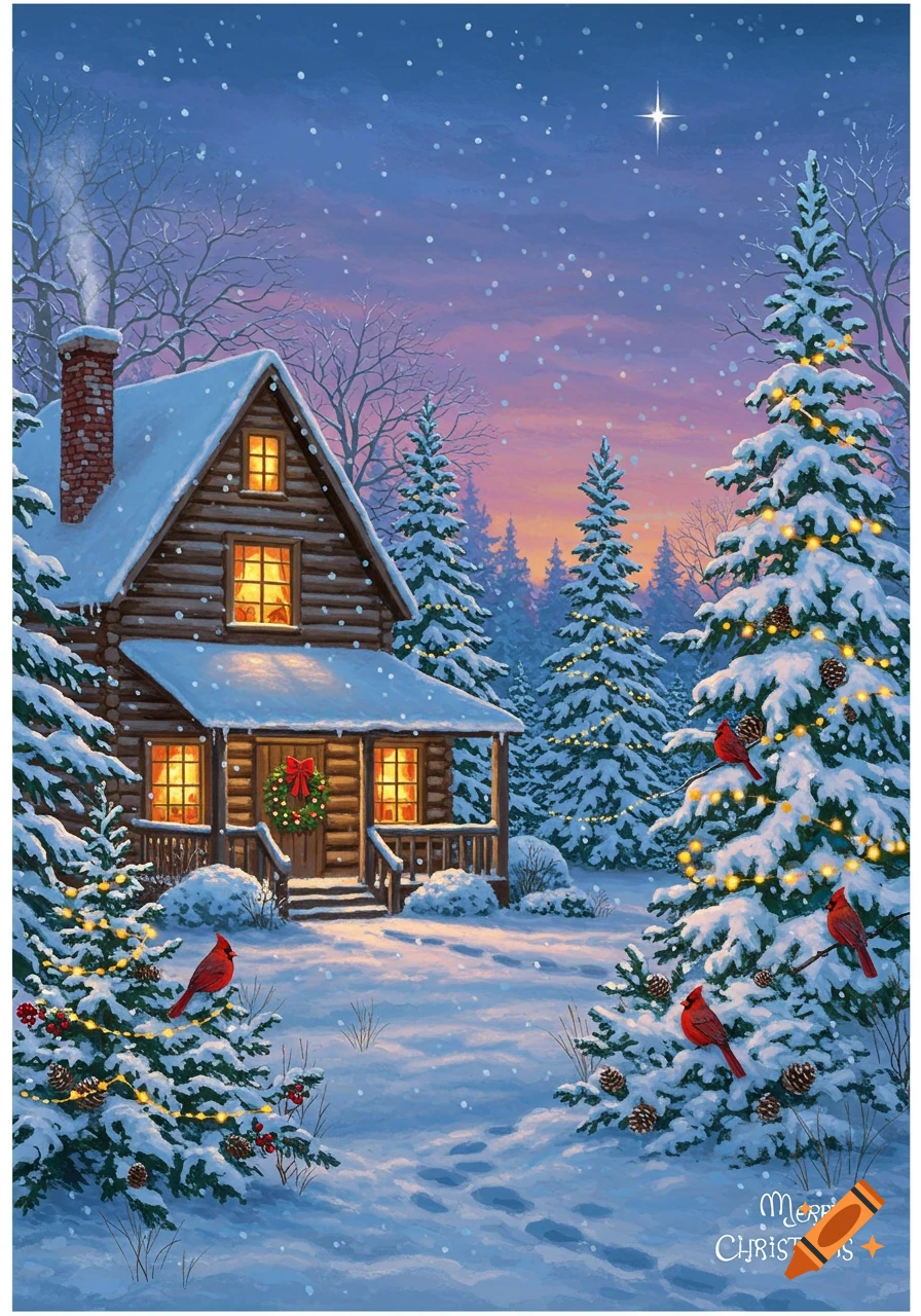 A cozy log cabin in a snowy winter night scene, with decorated evergreen trees, red cardinals, and falling snow under a twilight sky. 'Merry Christmas' text.