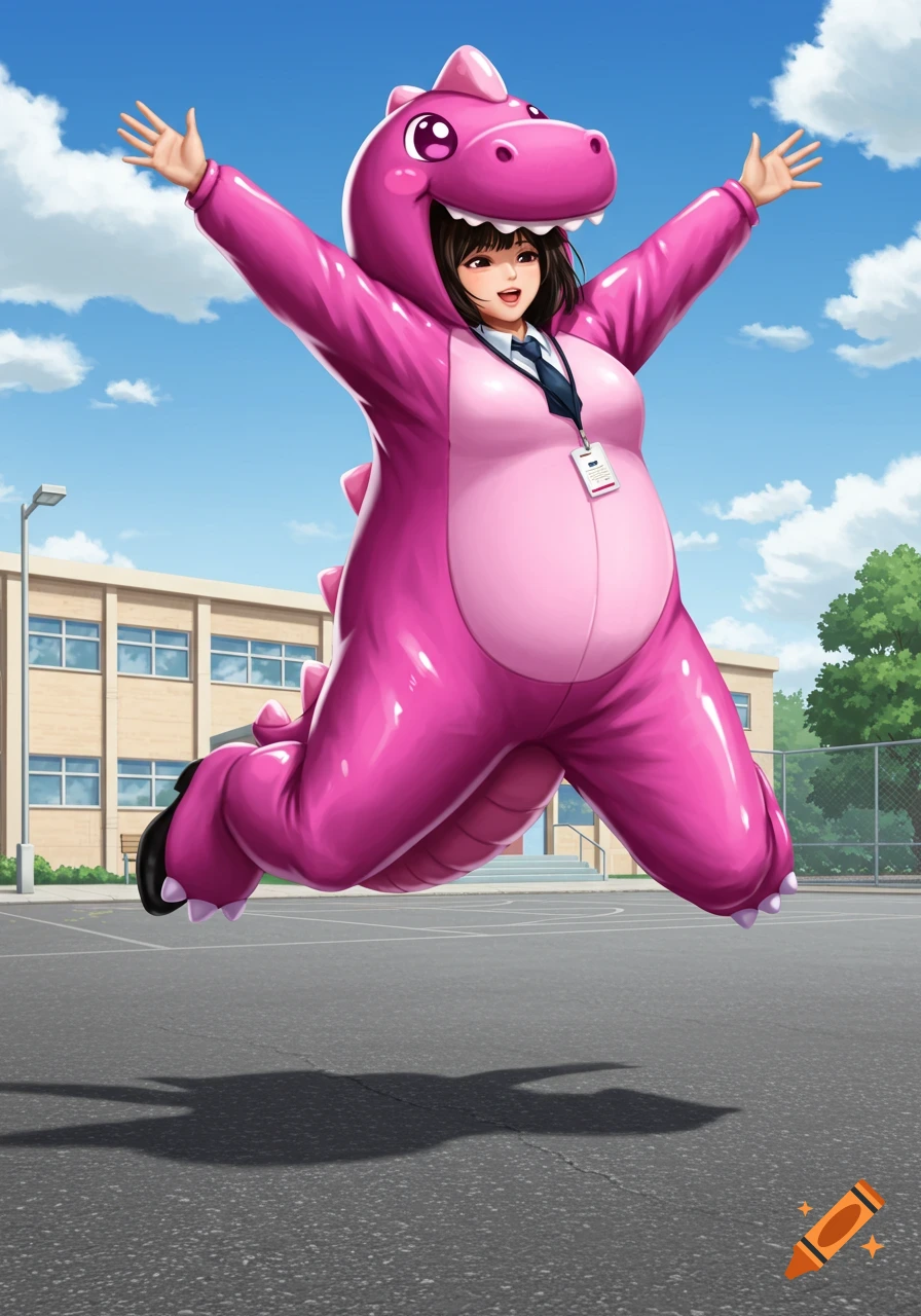 A woman in a pink cartoon dinosaur mascot costume jumps in the air outside an empty school building, arms spread wide.