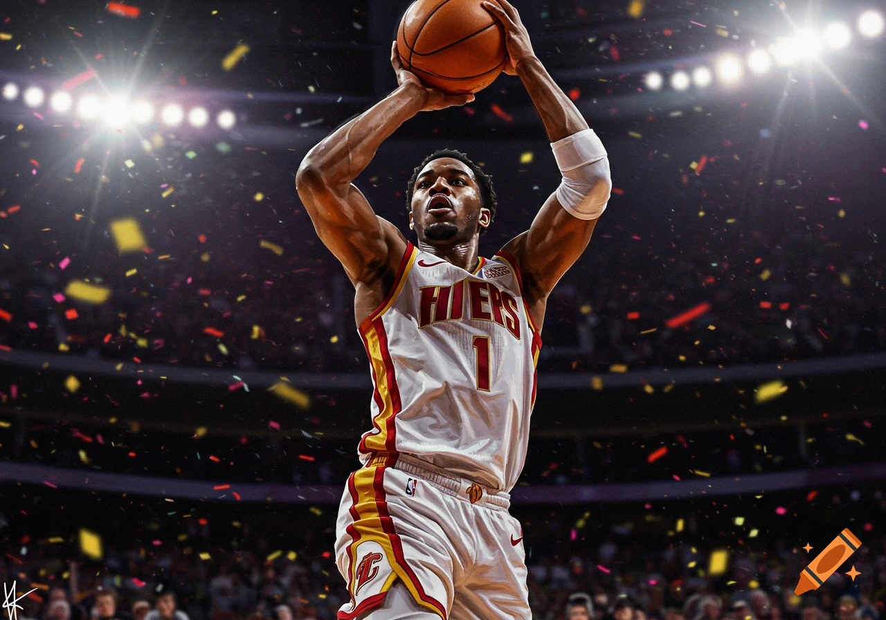 A dynamic shot of a basketball player in a white and gold uniform, mid-jump with a basketball, confetti falling in a brightly lit arena.