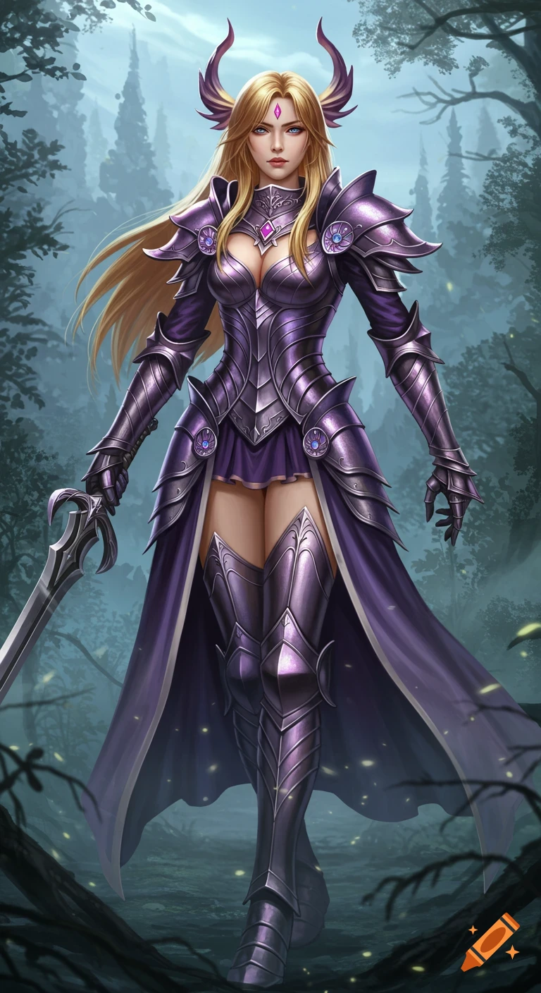 A hyperrealistic blonde fantasy woman warrior in shiny purple armor, holding a sword, stands in a misty forest.