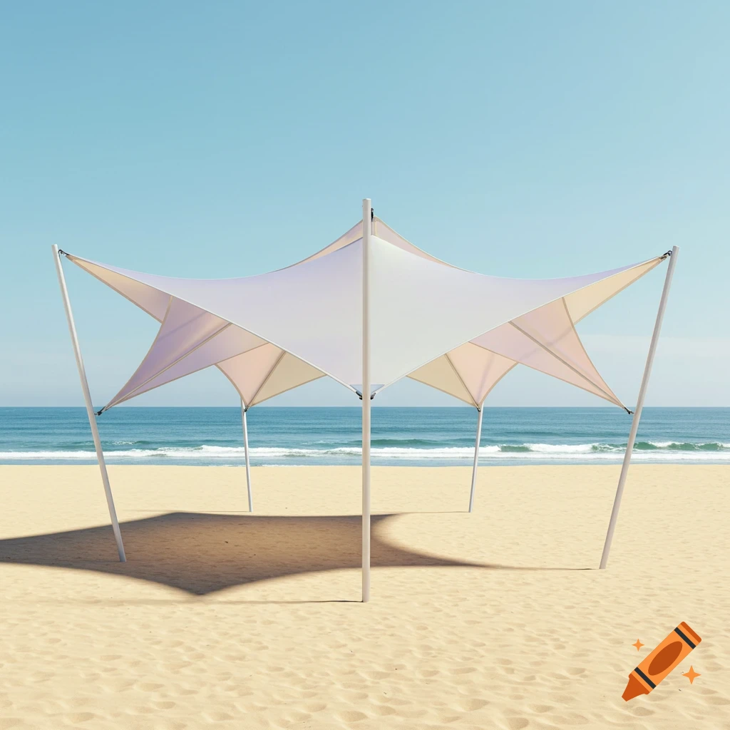A white star-shaped shade canopy on a sandy beach with the blue ocean and clear sky, photorealistic.