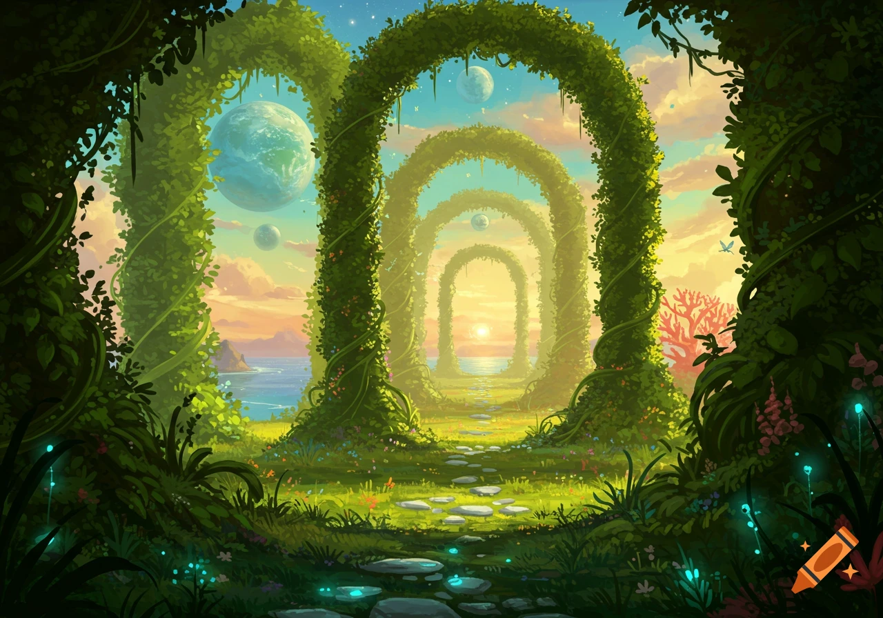 A vibrant fantasy landscape with a path through giant, vine-covered arches, leading to a sunset over an alien ocean with multiple planets in the sky.