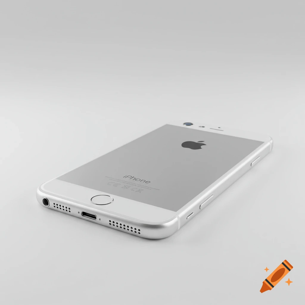 Silver iPhone seen from the back-left on a white background, showcasing its design and ports.