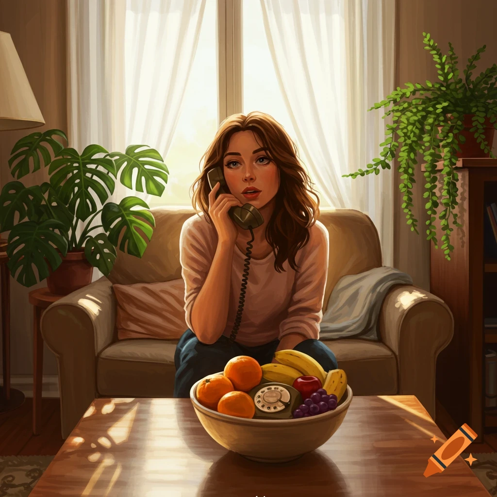 A pensive woman with long brown hair sits on a couch, talking on a vintage rotary telephone. A bowl of fruit and plants are on a table in front of her, with a bright window in the background, in a digital art style.